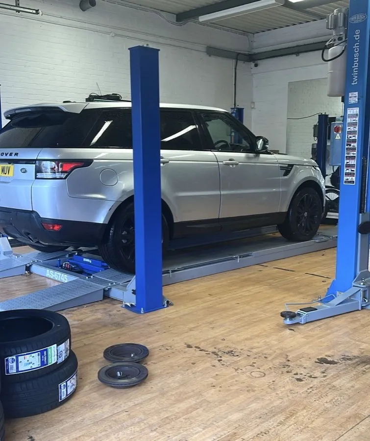 Range Rover Sport on the ramp at Norwich Tyres & Auto Service garage, Ber Street Norwich